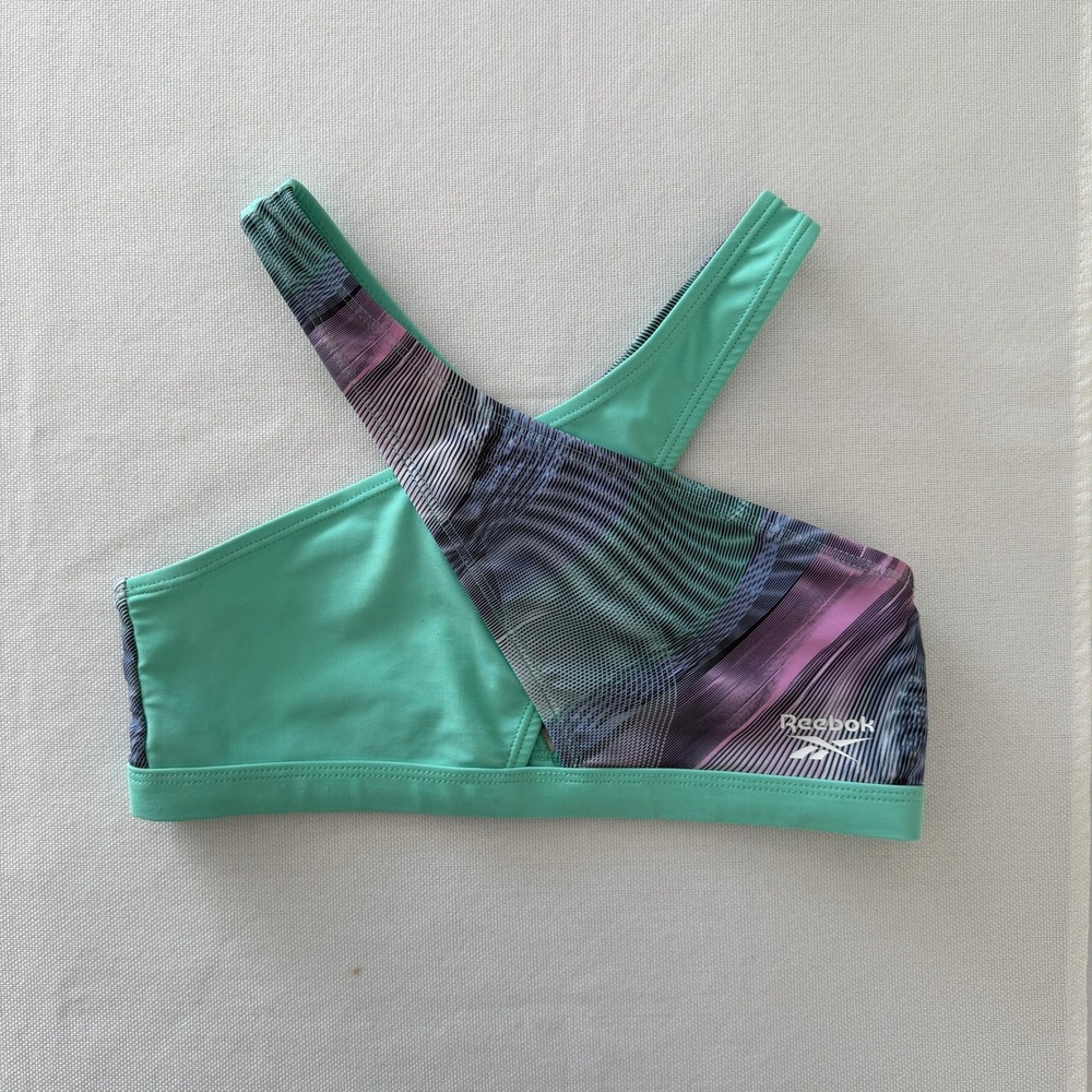 Reebok Sports Bra Girl Size L 10 Teal Purple Geometric Cross Back Athletic Top